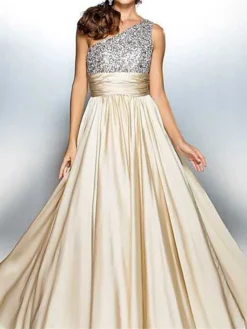 Women's Prom Dress Party Dress Sequin Dress Long Dress Maxi Dress Beige Sleeveless Pure Color Sequins Summer Spring Fall One Shoulder Fashion Party Wedding Guest Birthday 2022 S M L XL