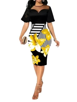 Women's Work Dress Sheath Dress Semi Formal Dress Fashion Midi Dress Lace Mesh Crew Neck Short Sleeve Floral Stripe Slim Yellow Summer Spring S M L XL XXL