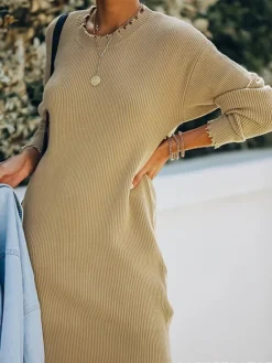 Women's Sweater Dress Jumper Dress Casual Dress Mini Dress Warm Pure Color Outdoor Casual Daily Holiday Crew Neck Long Sleeve 2023 Loose Fit Khaki S M L -Party Prom Dresses Sales Store qpoedf1695643732566