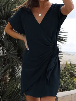 Women's Casual Dress Cotton Linen Dress Shift Dress Mini Dress Polyester Basic Classic Outdoor Daily Vacation V Neck V Neck Layered Short Sleeve Summer Spring 2023 Regular Fit Black Navy Blue Blue -Party Prom Dresses Sales Store qqelkc1689651648811