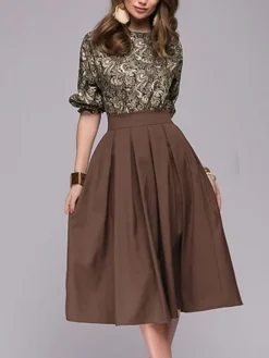 Women's Casual Dress Swing Dress Church Dress Midi Dress Blue Brown Half Sleeve Floral Ruched Winter Fall Spring Crew Neck Fashion Daily Vacation Weekend 2023 S M L XL