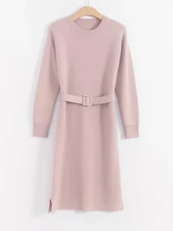 Women's Party Dress Cocktail Dress Shift Dress Midi Dress Pink Gray Long Sleeve Pure Color Split Fall Winter Autumn Crew Neck Fashion Winter Dress Wedding Guest Vacation 2023 S M L XL -Party Prom Dresses Sales Store qqniil1694489664938