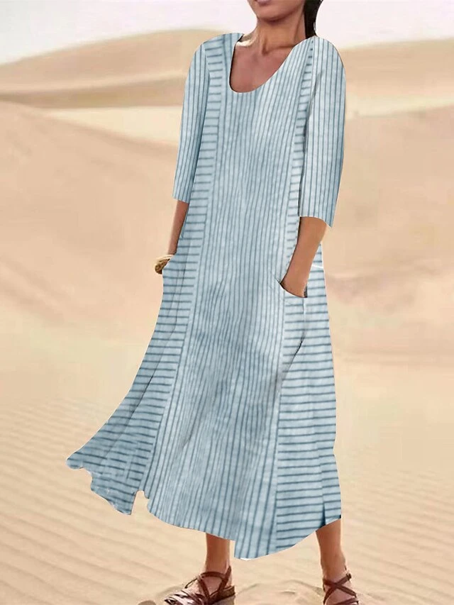 Women's Casual Dress Cotton Linen Dress Midi Dress Polyester Fashion Casual Daily Outdoor Daily Vacation Crew Neck Pocket Print Half Sleeve Summer Spring Fall 2023 Loose Fit Blue Purple Green 4 Women's Casual Dress Cotton Linen Dress Midi Dress Polyester Fashion Casual Daily Outdoor Daily Vacation Crew Neck Pocket Print Half Sleeve Summer Spring Fall 2023 Loose Fit Blue Purple Green - Image 4