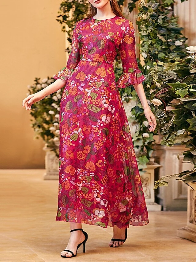 Women's Party Dress Cocktail Dress Wedding Guest Dress Long Dress Maxi Dress Red Half Sleeve Flower Ruched Fall Winter Autumn Crew Neck Fashion Winter Dress Wedding Guest Vacation 2023 S M L XL 3 Women's Party Dress Cocktail Dress Wedding Guest Dress Long Dress Maxi Dress Red Half Sleeve Flower Ruched Fall Winter Autumn Crew Neck Fashion Winter Dress Wedding Guest Vacation 2023 S M L XL - Image 3