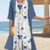 Women's Two Piece Dress Set Casual Dress Shift Dress Outdoor Daily Fashion Casual Print Midi Dress Crew Neck 3/4 Length Sleeve Floral Loose Fit Blue Green Summer Spring S M L XL XXL
