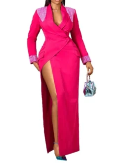 Women's Prom Dress Party Dress Wedding Guest Dress Long Dress Maxi Dress Rose Long Sleeve Color Block Ruched Fall Winter Autumn V Neck Fashion Winter Dress Wedding Guest Evening Party 2023 S M L XL -Party Prom Dresses Sales Store qshafx1695030103953