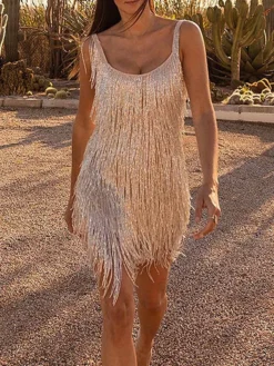 Women‘s Party Dress Fringe Dress Homecoming Dress Mini Dress Purple Gold Beige Sleeveless Pure Color Tassel Fringe Summer Spring Fall Spaghetti Strap Fashion Evening Party Vacation Fall Dress 2023