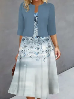 Women's Two Piece Dress Set Casual Dress Print Dress Outdoor Daily Fashion Elegant Print Midi Dress V Neck Half Sleeve Floral Loose Fit Blue Brown Green Fall Winter S M L XL XXL