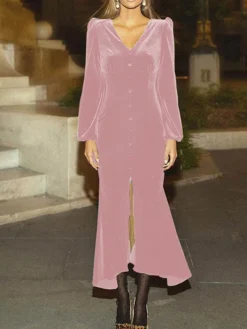 Women‘s Christmas Party Dress Velvet Dress Wedding Guest Dress Midi Dress Black Pink Wine Long Sleeve Pure Color Button Spring Fall Winter V Neck Fashion Winter Dress Office Evening Party 2023 17 Women‘s Christmas Party Dress Velvet Dress Wedding Guest Dress Midi Dress Black Pink Wine Long Sleeve Pure Color Button Spring Fall Winter V Neck Fashion Winter Dress Office Evening Party 2023 -Party Prom Dresses Sales Store qtgqpb1692614938539