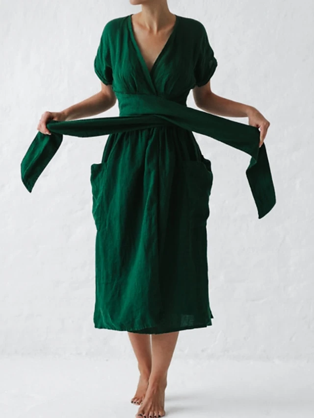 Women's Casual Dress Cotton Linen Dress A Line Dress Midi Dress Polyester Fashion Street Style Outdoor Daily Date V Neck Pocket Strappy Short Sleeve Summer Spring 2023 Regular Fit Pink Wine Brown 4 Women's Casual Dress Cotton Linen Dress A Line Dress Midi Dress Polyester Fashion Street Style Outdoor Daily Date V Neck Pocket Strappy Short Sleeve Summer Spring 2023 Regular Fit Pink Wine Brown - Image 4