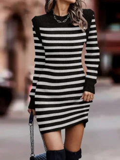 Women's Sweater Dress Winter Dress Jumper Dress Mini Dress Fashion Stripe Outdoor Daily Date Going Out Crew Neck Long Sleeve Print 2023 Regular Fit Black Brown S M L XL XXL 3XL