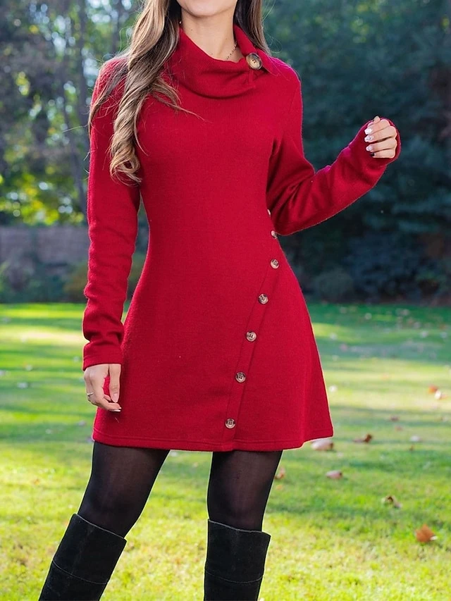 Women's Work Dress Casual Dress A Line Dress Fashion Winter Dress Daily Mini Dress Button Lapel Long Sleeve Plain Slim Black Red Fall S M L XL XXL 2 Women's Work Dress Casual Dress A Line Dress Fashion Winter Dress Daily Mini Dress Button Lapel Long Sleeve Plain Slim Black Red Fall S M L XL XXL - Image 2
