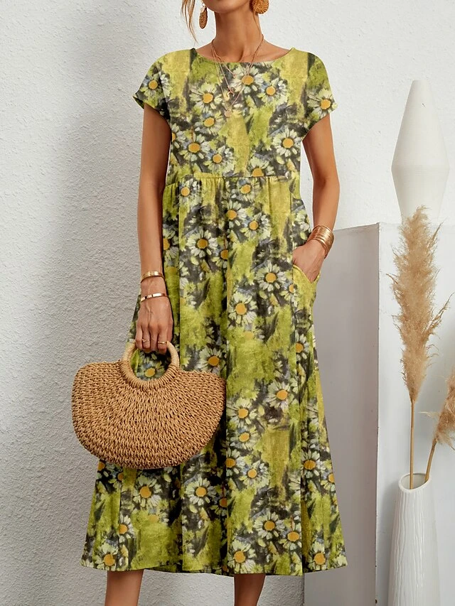 Women's Casual Dress Cotton Linen Dress Swing Dress Midi Dress Linen / Cotton Blend Fashion Casual Outdoor Daily Holiday Crew Neck Pocket Print Short Sleeve Summer Spring 2023 Loose Fit ArmyGreen 8 Women's Casual Dress Cotton Linen Dress Swing Dress Midi Dress Linen / Cotton Blend Fashion Casual Outdoor Daily Holiday Crew Neck Pocket Print Short Sleeve Summer Spring 2023 Loose Fit ArmyGreen - Image 8