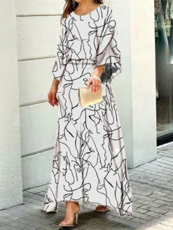 Women's Two Piece Dress Set Casual Dress Skirt Set Daily Vacation Fashion Casual Print Long Dress Maxi Dress Crew Neck Long Sleeve Floral Stripe Loose Fit White Blue Sky Blue Summer Spring S M L XL -Party Prom Dresses Sales Store quowmr1689836913798