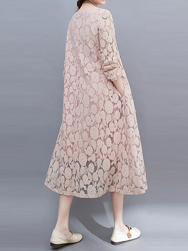 Women's Work Dress Lace Dress Black Dress Fashion Midi Dress Lace Pocket Crew Neck Long Sleeve Plain Loose Fit Black White Pink Fall M L XL XXL 3XL 10 Women's Work Dress Lace Dress Black Dress Fashion Midi Dress Lace Pocket Crew Neck Long Sleeve Plain Loose Fit Black White Pink Fall M L XL XXL 3XL - Image 10