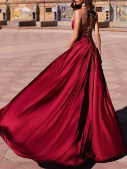 Women‘s Prom Party Dress Satin Maxi Long Dress Red Sleeveless Pure Color Backless Split Fall Spring Deep V Cold Shoulder Party Personalized Elegant Party 2023 S M L XL XXL -Party Prom Dresses Sales Store qvhujg1627210785566