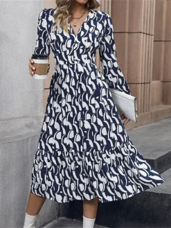 Women's Work Dress Casual Dress Swing Dress Fashion Office Daily Workfashion Midi Dress Ruched Print V Neck Long Sleeve Print Loose Fit Blue Fall Winter S M L XL -Party Prom Dresses Sales Store qvjoyn1695096217959