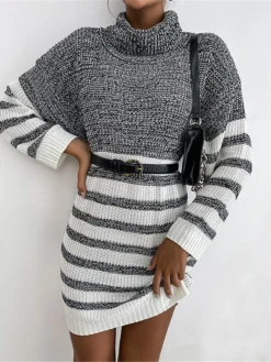 Women's Sweater Dress Winter Dress Jumper Dress Mini Dress Patchwork Ribbed Daily Date Going Out Fashion Basic Turtleneck Long Sleeve 2023 Loose Fit Gray Color S M L Size