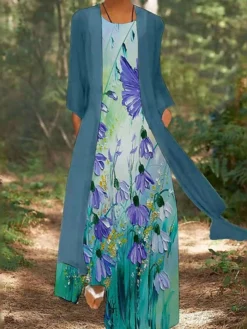 Women's Casual Dress Dress Set Two Piece Dress Long Dress Maxi Dress Blue Purple Long Sleeve Floral Print Summer Spring Crew Neck Vacation Winter Dress Fall Dress Loose Fit 2023 M L XL XXL 3XL 4XL 5XL -Party Prom Dresses Sales Store qvozjz1652168894534