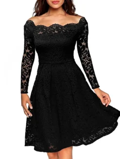 Women‘s Party Dress Homecoming Dress Lace Dress Midi Dress Black Wine Dusty Blue Long Sleeve Pure Color Lace Fall Spring Off Shoulder Elegant Winter Dress Wedding Guest 2023 -Party Prom Dresses Sales Store qvtqaf1603105986760