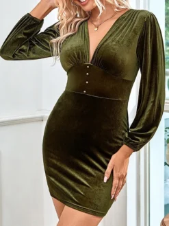 Women's Party Dress Velvet Dress Cocktail Dress Mini Dress Army Green Long Sleeve Pure Color Beads Spring Fall Winter V Neck Fashion Winter Dress Birthday Wedding Guest 2023 S M L XL -Party Prom Dresses Sales Store qxgloa1691647766683