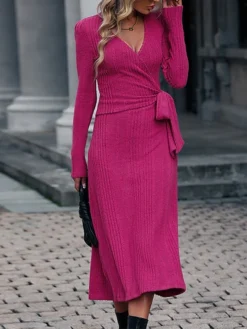 Women's Sweater Dress Winter Dress Jumper Dress Midi Dress Lace Up Ribbed Street Daily Holiday Fashion Streetwear V Neck Long Sleeve 2023 Slim Fuchsia Color S M L XL Size -Party Prom Dresses Sales Store qxrseh1693221315182