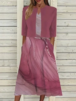 Women's Two Piece Dress Set Casual Dress Tank Dress Outdoor Daily Fashion Streetwear Pocket Print Midi Dress V Neck 3/4 Length Sleeve Floral Regular Fit Yellow Blue Fuchsia Summer Spring S M L XL XXL -Party Prom Dresses Sales Store qxvztq1689736397905