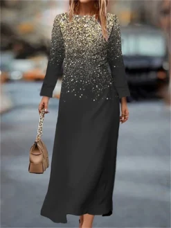 Women's Work Dress Casual Dress Semi Formal Dress Fashion Winter Dress Daily Midi Dress Print Crew Neck Long Sleeve Ombre Slim Yellow Blue Purple Fall Winter S M L XL XXL