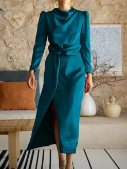 Women's Work Dress Satin Dress Semi Formal Dress Fashion Long Dress Maxi Dress Split Stand Collar Long Sleeve Plain Regular Fit Black Blue Sky Blue Fall Winter S M L XL -Party Prom Dresses Sales Store qypqih1692761655805