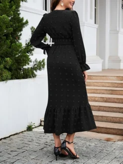 Women's Work Dress Swing Dress Black Dress Fashion Midi Dress Ruched V Neck Long Sleeve Plain Loose Fit Black Red Blue Fall Winter S M L XL XXL -Party Prom Dresses Sales Store qyutlv1693300591161