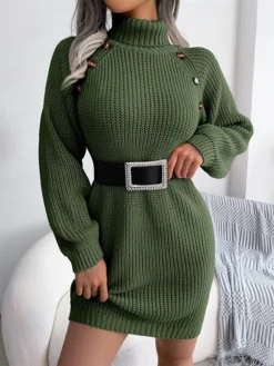 Women's Sweater Dress Winter Dress Jumper Dress Mini Dress Button Outdoor Street Daily Fashion Streetwear Turtleneck Long Sleeve 2023 Loose Fit White Pink Army Green Color S M L Size -Party Prom Dresses Sales Store qyvovi1694154097658