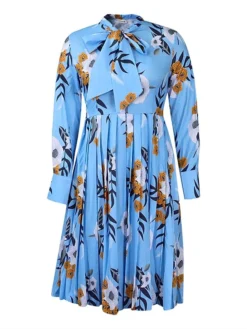Women's Work Dress Casual Dress Semi Formal Dress Fashion Office Daily Workfashion Midi Dress Pleated Bow Crew Neck Long Sleeve Floral Regular Fit Blue Green Fall Winter S M L XL XXL -Party Prom Dresses Sales Store qyvrto1695268104123
