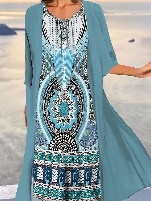 Women's Two Piece Dress Set Casual Dress Print Dress Outdoor Daily Vintage Ethnic Print Midi Dress Crew Neck 3/4 Length Sleeve Floral Tribal Loose Fit Black Navy Blue Royal Blue Summer Spring S M L 6 Women's Two Piece Dress Set Casual Dress Print Dress Outdoor Daily Vintage Ethnic Print Midi Dress Crew Neck 3/4 Length Sleeve Floral Tribal Loose Fit Black Navy Blue Royal Blue Summer Spring S M L - Image 6