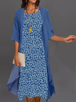 Women's Two Piece Dress Set Casual Dress Floral Dress Outdoor Daily Fashion Elegant Print Midi Dress Crew Neck 3/4 Length Sleeve Floral Regular Fit White Pink Blue Summer Spring S M L XL XXL -Party Prom Dresses Sales Store qzravc1683187004504