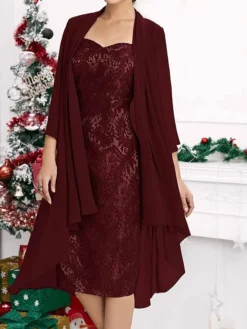 Women's Two Piece Dress Set Party Dress Lace Dress Party Outdoor Fashion Streetwear Lace Patchwork Midi Dress V Neck 3/4 Length Sleeve Plain Regular Fit Wine Fall Winter S M L XL XXL
