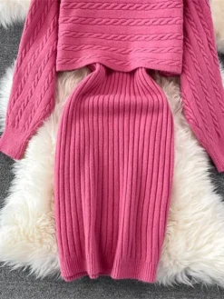 Women's Two Piece Dress Set Casual Dress Sheath Dress Outdoor Daily Fashion Streetwear Ruched Midi Dress Crew Neck Long Sleeve Plain Loose Fit Black White Wine Fall Winter One-Size -Party Prom Dresses Sales Store rbdhhd1694057142833