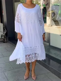 Women's Casual Dress Cotton Linen Dress Lace Dress Midi Dress Lace Basic Classic Outdoor Daily Vacation Crew Neck Lace Patchwork Long Sleeve Summer Spring Fall 2023 Loose Fit White Plain S M L XL 2XL -Party Prom Dresses Sales Store rbsjcf1689837130235
