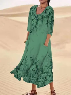 Women's Casual Dress Cotton Linen Dress Midi Dress Polyester Fashion Casual Daily Outdoor Daily Vacation Crew Neck Pocket Print Half Sleeve Summer Spring Fall 2023 Loose Fit ArmyGreen White Red Leaf -Party Prom Dresses Sales Store rcbwqy1690365372249