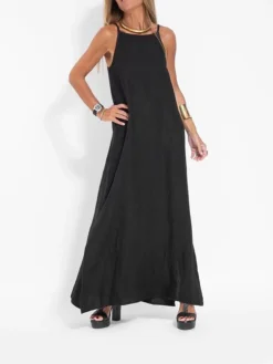 Women's Casual Dress Cotton Linen Dress Strap Dress Maxi Long Dress Polyester Casual Boho / Bohemian Vacation Beach Square Neck Split Sleeveless Summer Spring 2023 Slim ArmyGreen Black White Plain S -Party Prom Dresses Sales Store rcilzk1687930426213