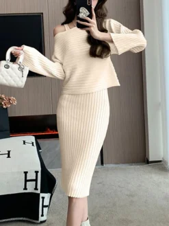 Women's Two Piece Dress Set Casual Dress Skirt Set Outdoor Daily Fashion Streetwear Ruched Midi Dress V Neck Long Sleeve Plain Slim Black Pink Green Fall Winter One-Size -Party Prom Dresses Sales Store rdgosd1693374470669