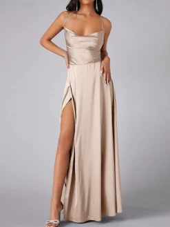 Women's Prom Dress Party Dress Satin Dress Long Dress Maxi Dress Black White Pink Sleeveless Pure Color Backless Summer Spring Fall Spaghetti Strap Fashion Evening Party Wedding Guest Vacation 2023 S