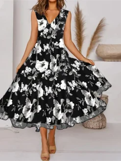 Women's Two Piece Dress Set Casual Dress Chiffon Dress Outdoor Daily Fashion Elegant Print Midi Dress V Neck Half Sleeve Floral Regular Fit Black Pink Gray Summer Spring S M L XL XXL -Party Prom Dresses Sales Store rdkqcw1684150912810