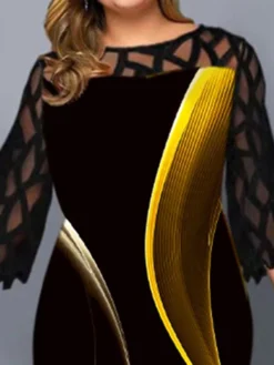 Women's Plus Size Party Dress Cocktail Dress Bodycon Midi Dress Black 3/4 Length Sleeve Striped Lace Spring Fall Winter Crew Neck Fashion Wedding Guest Vacation 2023 L XL XXL 3XL 4XL 5XL -Party Prom Dresses Sales Store rdlnkt1696927253937