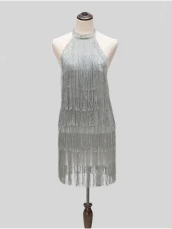 Women's Party Dress Fringe Dress Homecoming Dress Mini Dress Silver Sleeveless Pure Color Tassel Fringe Summer Spring Halter Neck Hot Party Evening Party Spring Dress 2023 S M L XL XXL -Party Prom Dresses Sales Store rdomlf1634632426589