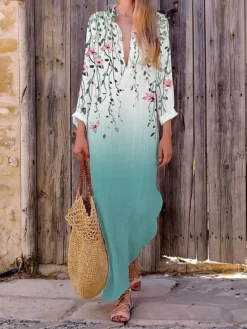 Women's Casual Dress Cotton Linen Dress Maxi Long Dress Polyester Fashion Casual Daily Outdoor Daily Vacation Split Neck Split Print Long Sleeve Summer Spring Fall 2023 Loose Fit White Pink Navy Blue -Party Prom Dresses Sales Store rdvbon1690365283290