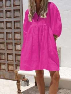 Women's Casual Dress Cotton Linen Dress Black Dress Midi Dress Linen / Cotton Blend Casual Daily Street Style Holiday Vacation Weekend V Neck Pocket Puff Sleeve 3/4 Length Sleeve Spring Fall 2023 -Party Prom Dresses Sales Store rdxnvr1689325834505