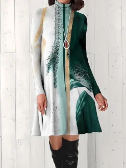 Women's Work Dress Casual Dress Fashion Winter Dress Daily Mini Dress Print Turtleneck Long Sleeve Floral Letter Regular Fit Light Pink Black Light Green Fall Winter S M L XL XXL -Party Prom Dresses Sales Store rejzgl1694573152413