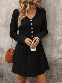 Women's Cotton Linen Dress Mini Dress Cotton Modern Style Casual Work Daily Vacation V Neck Button Long Sleeve Fall Winter 2023 Loose Fit Black Plain S M L XL -Party Prom Dresses Sales Store rekhsk1694687655337