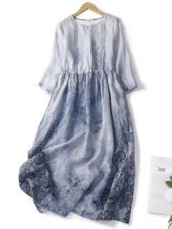 Women's Casual Dress Linen Dress Midi Dress Linen Fashion Romantic Outdoor Daily Holiday Crew Neck Pocket Print 3/4 Length Sleeve Fall Winter Autumn 2023 Loose Fit Blue Orange Painting Flower M L XL