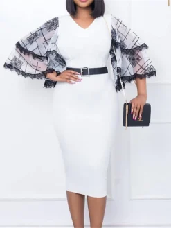 Women's Work Dress Casual Dress Black Dress Fashion Office Daily Workfashion Midi Dress Lace Up Mesh V Neck 3/4 Length Sleeve Color Block Regular Fit Black White Red Fall Winter S M L XL XXL -Party Prom Dresses Sales Store reyynl1695645202948